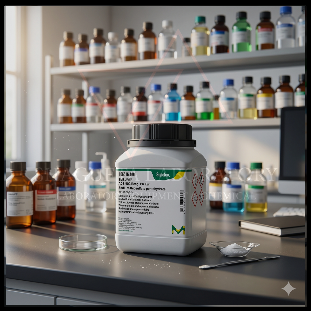 Sodium Thiosulfate Pentahydrate EMSURE® Supelco merupakan bahan kimia laboratorium analytical grade berkualitas tinggi untuk kebutuhan titrasi iodometri, analisis kimia, quality control (QC), penelitian, pengolahan air, dan aplikasi industri profesional.
