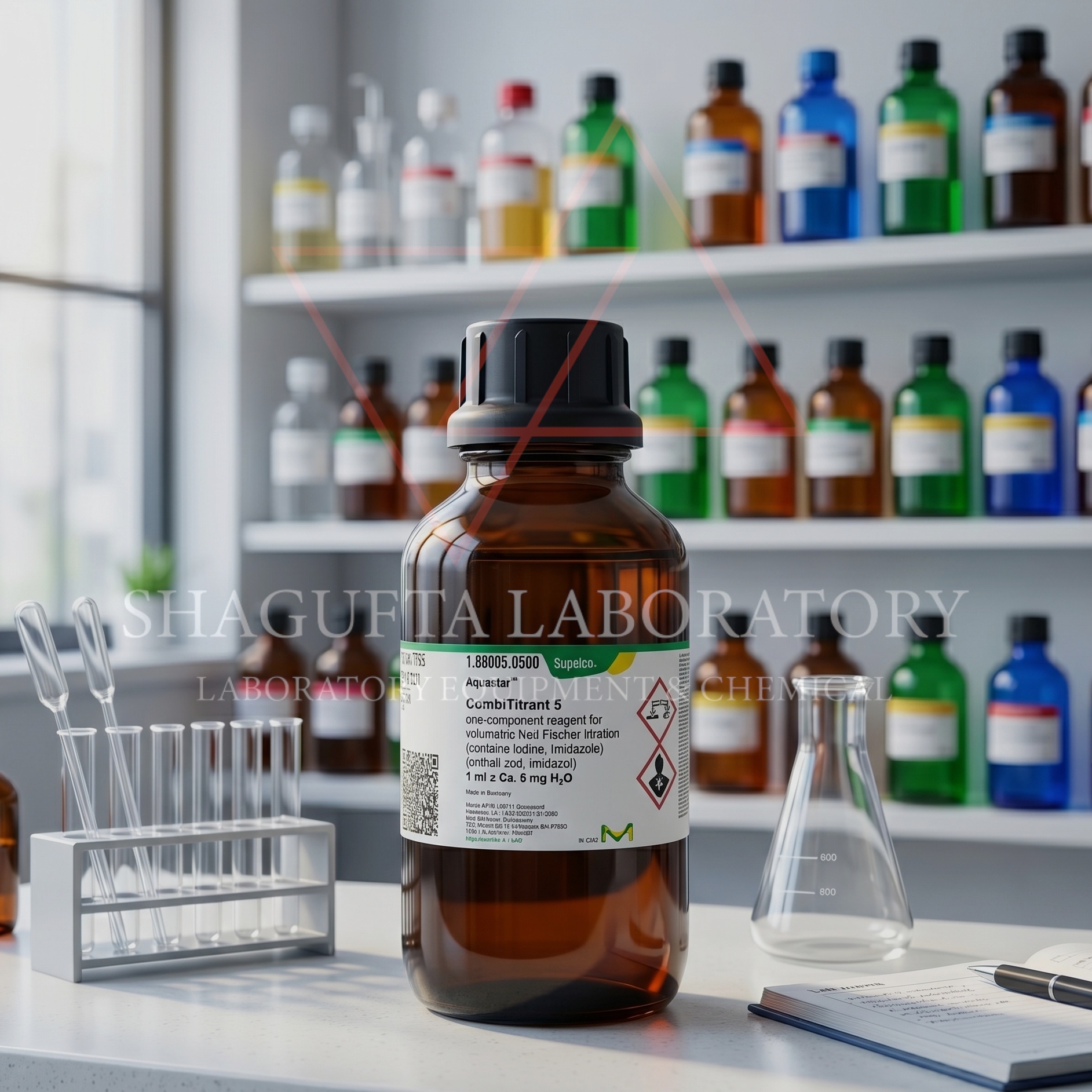 Aquastar CombiTitrant 5 Supelco kode 188005 merupakan reagen one-component untuk titrasi volumetrik Karl Fischer dengan sensitivitas sekitar 5 mg H2O/mL. Cocok digunakan untuk analisis kadar air pada laboratorium QC, farmasi, makanan, kimia, penelitian, dan industri profesional.