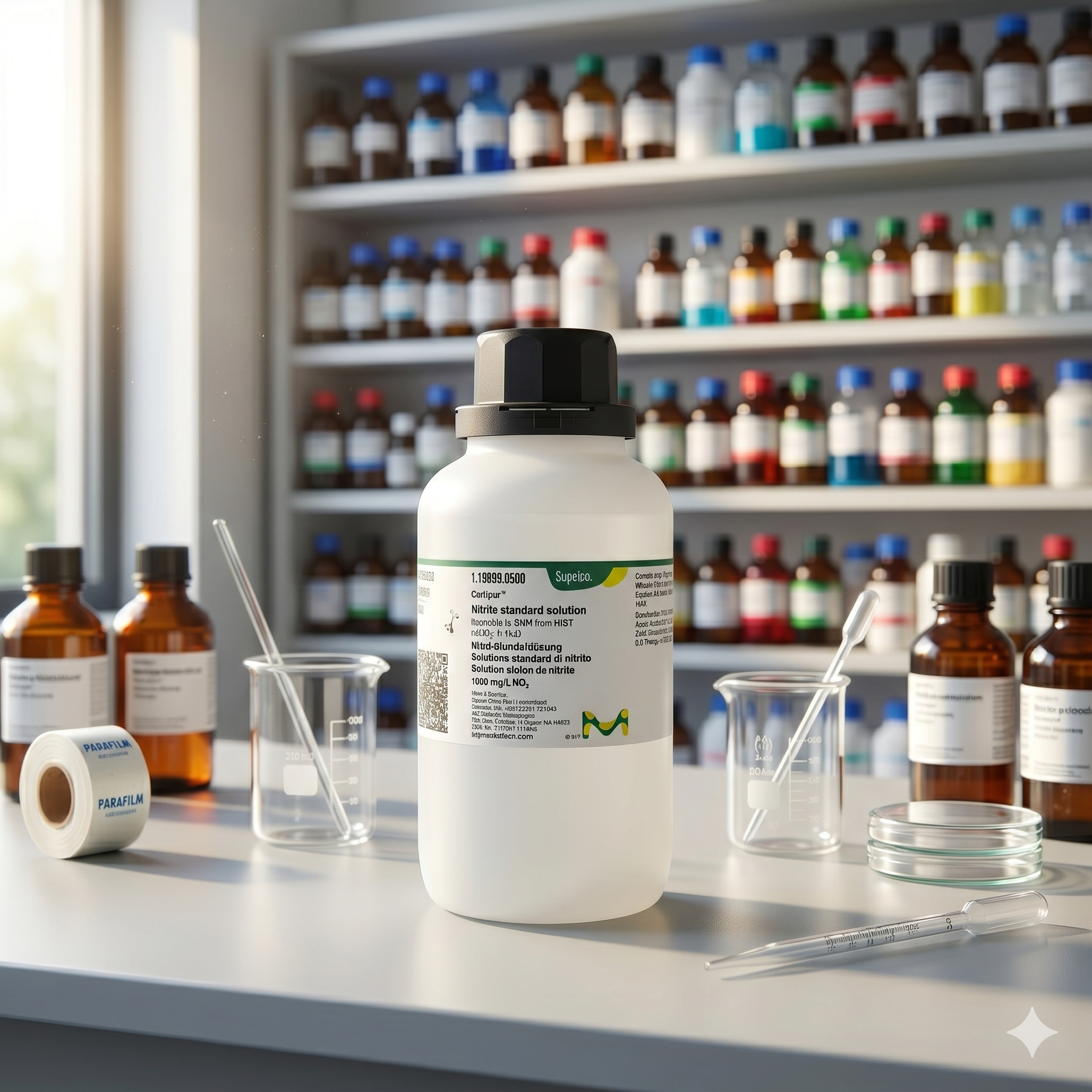 Nitrite Standard Solution Certipur Supelco 1.19899 merupakan larutan standar nitrit berkualitas tinggi yang traceable ke NIST untuk kebutuhan kalibrasi instrumen, validasi metode, quality control, dan analisis laboratorium profesional.