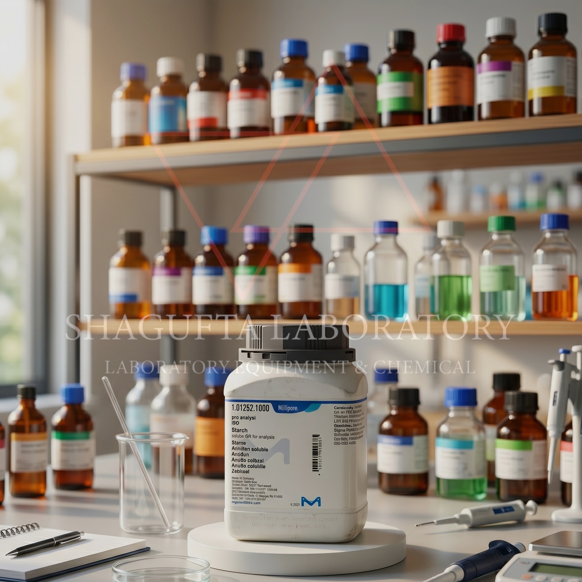 Starch Soluble GR for Analysis ISO EMSURE® Merck Millipore 1Kg adalah bahan kimia laboratorium analytical grade berkualitas tinggi untuk analisis kimia, indikator titrasi iodometri, penelitian, QC industri, pendidikan, dan aplikasi laboratorium profesional.