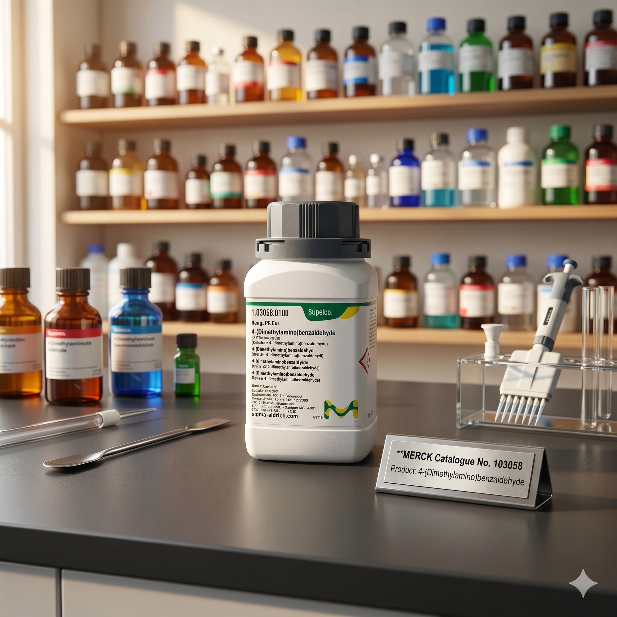 4-(Dimethylamino) Benzaldehyde GR Reag. Ph Eur Supelco Merck 1.03058 100g – Reagen Analitik Laboratorium Original