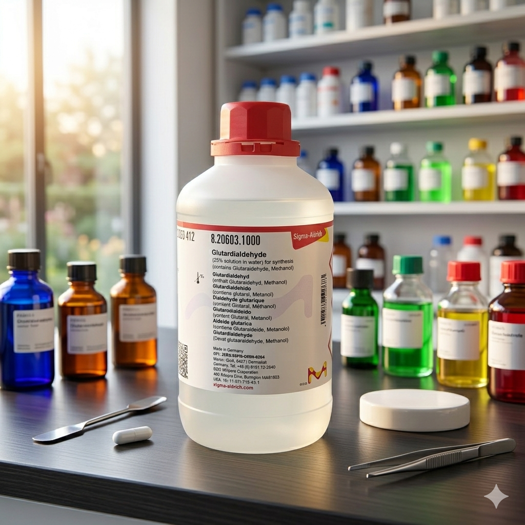 Glutaraldehyde 25% Solution for Synthesis merupakan bahan kimia laboratory grade berkualitas tinggi yang digunakan untuk kebutuhan sintesis, penelitian, quality control, laboratorium mikrobiologi, pengembangan formulasi, dan aplikasi industri. Cocok digunakan untuk laboratorium penelitian, pendidikan, dan fasilitas industri profesional.