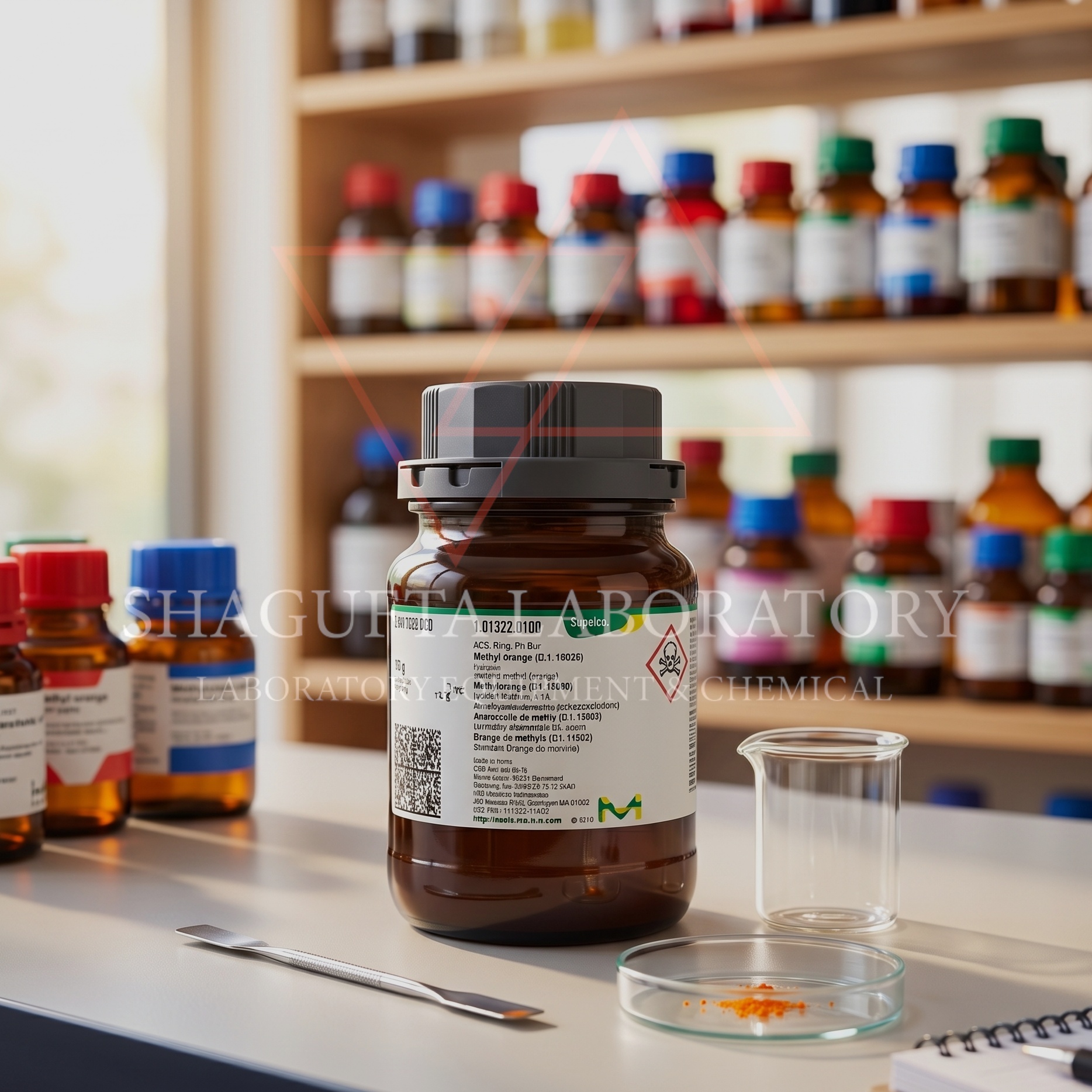 Methyl Orange Indicator ACS Reag. Ph Eur Merck Supelco 100g adalah indikator pH analytical grade berkualitas tinggi untuk titrasi asam basa, analisis laboratorium, penelitian, QC industri, pendidikan, dan aplikasi kimia profesional.