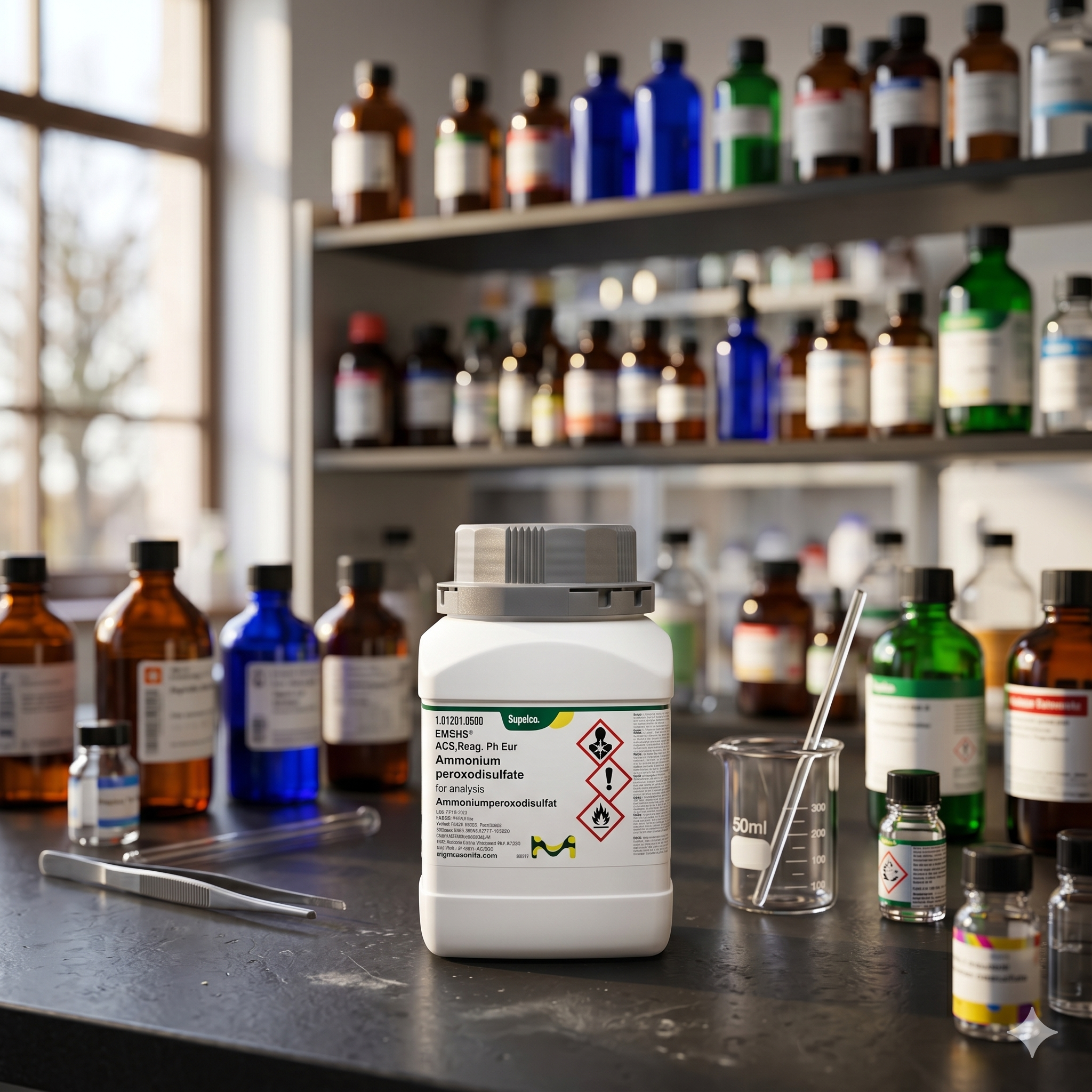 Ammonium Peroxodisulfate ACS Reag Ph Eur EMSURE Supelco Merck 101201 500g untuk Laboratorium