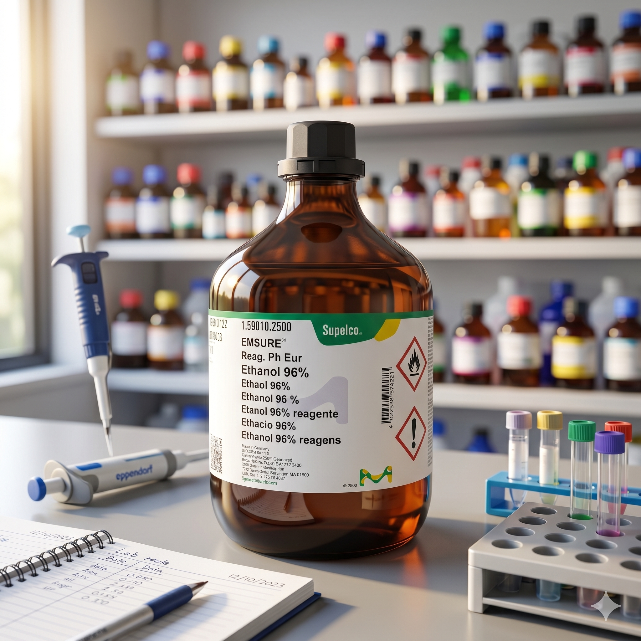 Ethanol 96% EMSURE Reag. Ph Eur Supelco 1.59010 merupakan pelarut dan reagen analitik berkualitas tinggi untuk kebutuhan laboratorium, penelitian, quality control, farmasi, pendidikan, dan aplikasi industri.