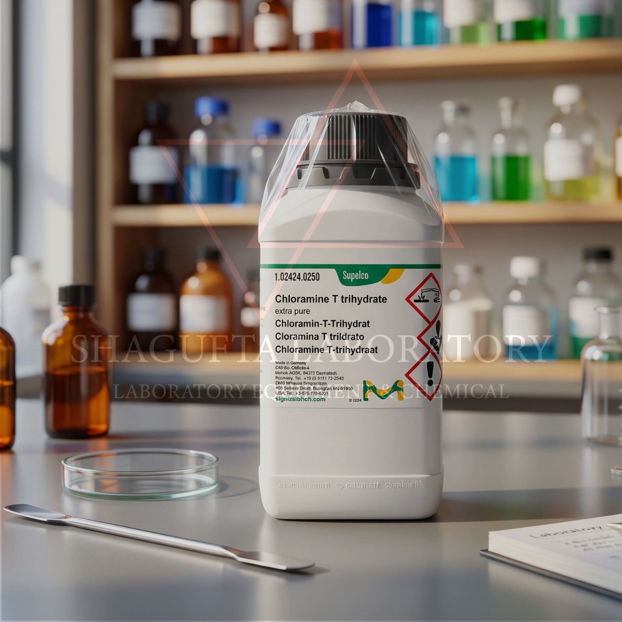 Chloramine T Trihydrate Extra Pure 250GR 102424 – Kloramin T Trihidrat / Chloramine-T Trihydrate / Tosylchloramide Sodium / C₇H₇ClNNaO₂S·3H₂O | SHAGUFTA LABORATORY